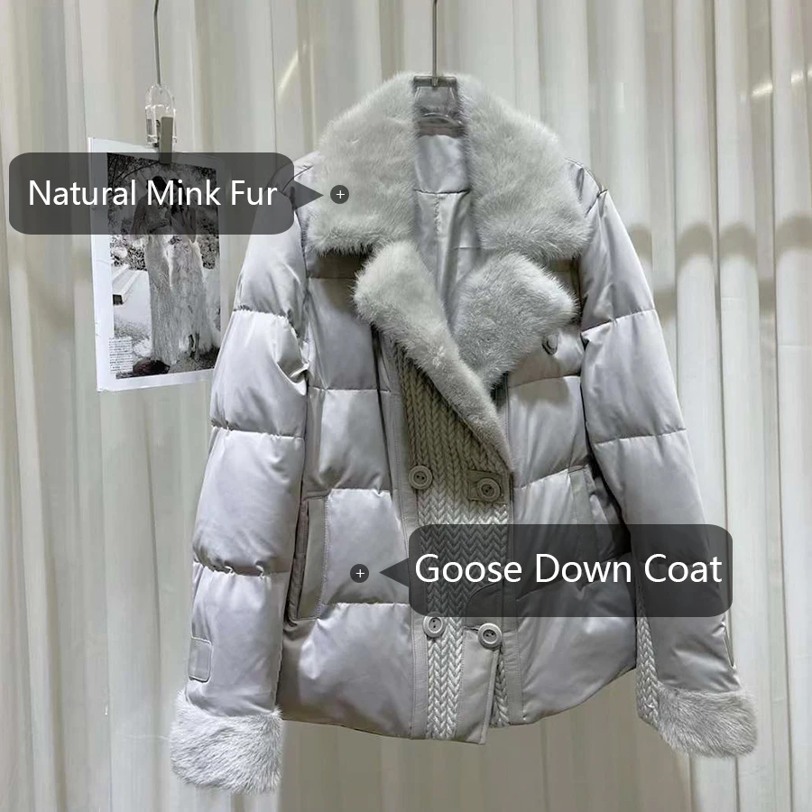 Goose Down Jacket Female Winter 2024 New Fashion Real Fur Puffer Short Down Coat With Natural Mink Fur Trim