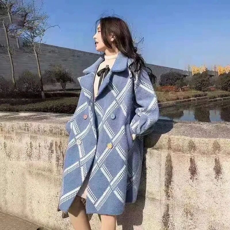 

Women Woolen Jacket 2024 Winter New Korean Fashion Imitate Mink Velvet Mid Long Lapel Collar Plaid Wool Coat Female Casual Tops