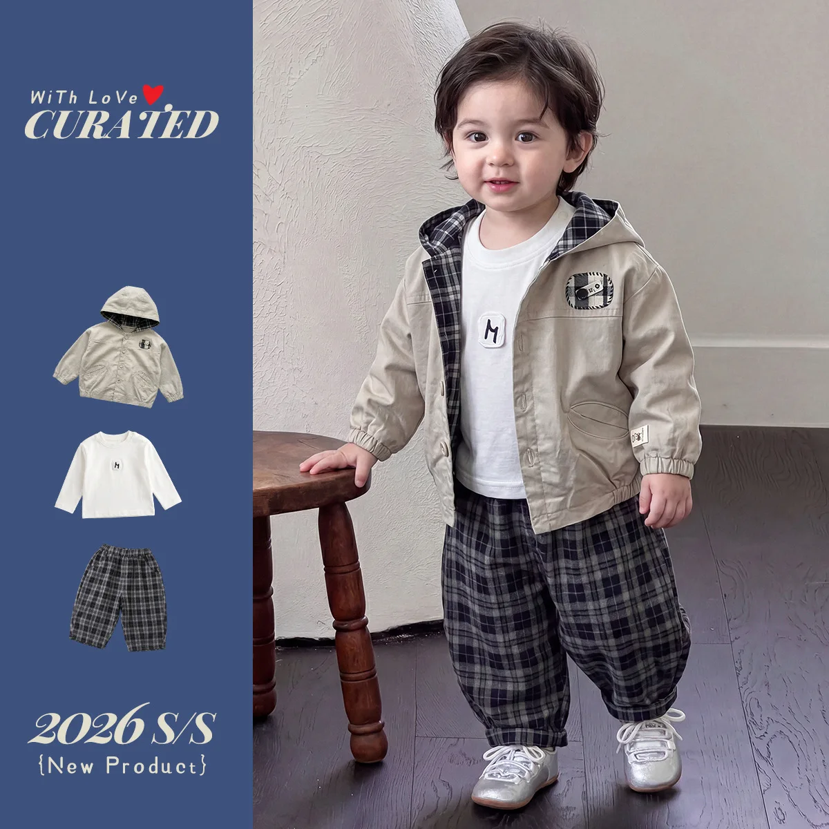 2026 New Fall Boys 3Pcs Set Hooded Jacket + Plaid Jogger Pants Outfit | Toddler Boy Casual Tracksuit Kids Autumn Clothes