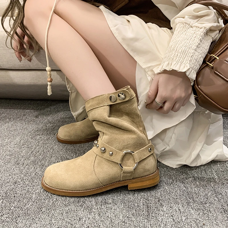 CRLAYDK 2024 Winter New Women\'s Flat Ankle Mid Top Suede Folding Boots Slip On Vintage Western Cowboy Fashion Cowgirl Booties