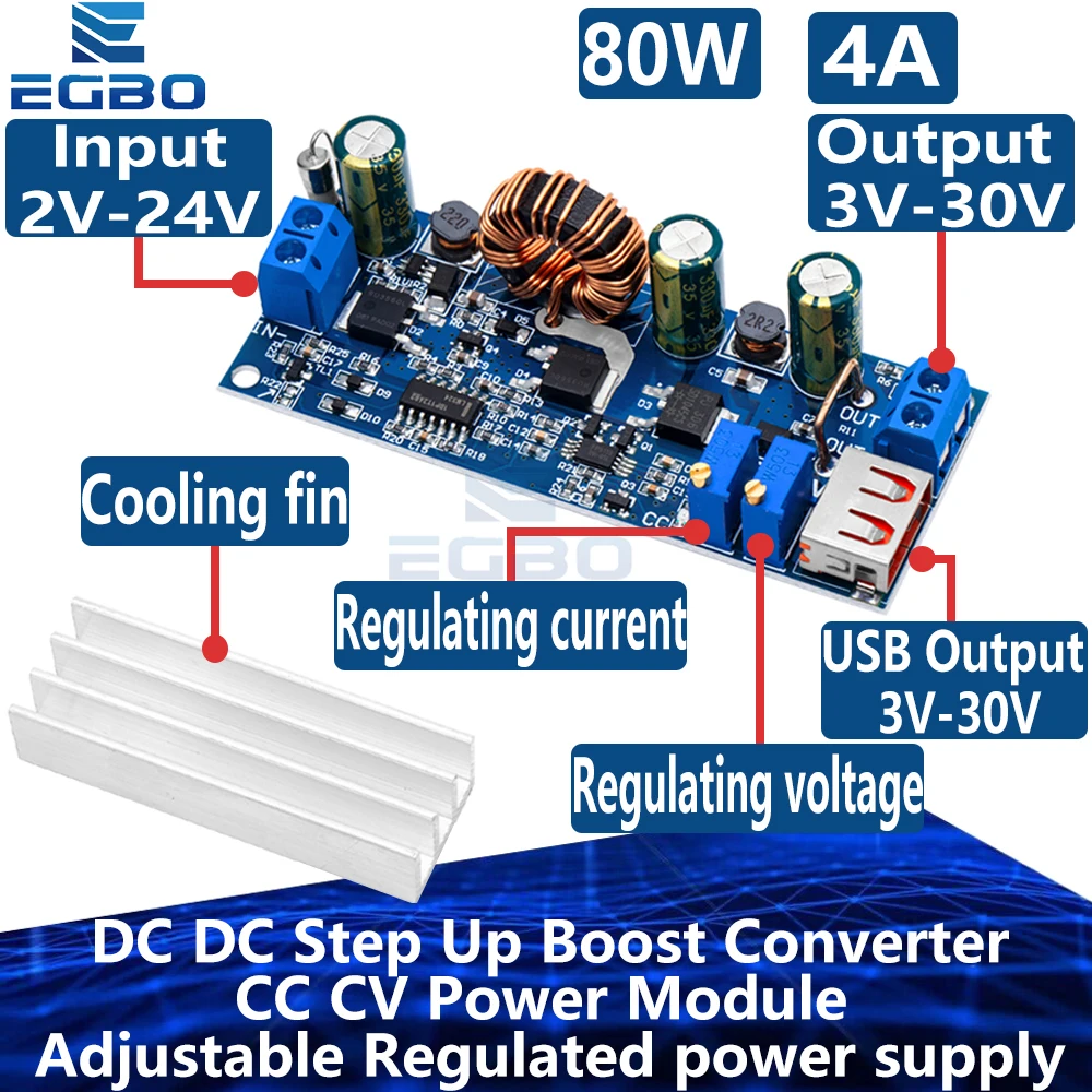 DC DC Step Up Boost Converter 2-24v to 3-30v 4A 80w CC CV Power Module Adjustable Regulated power supply 3.7V 6V 9V 12V With USB