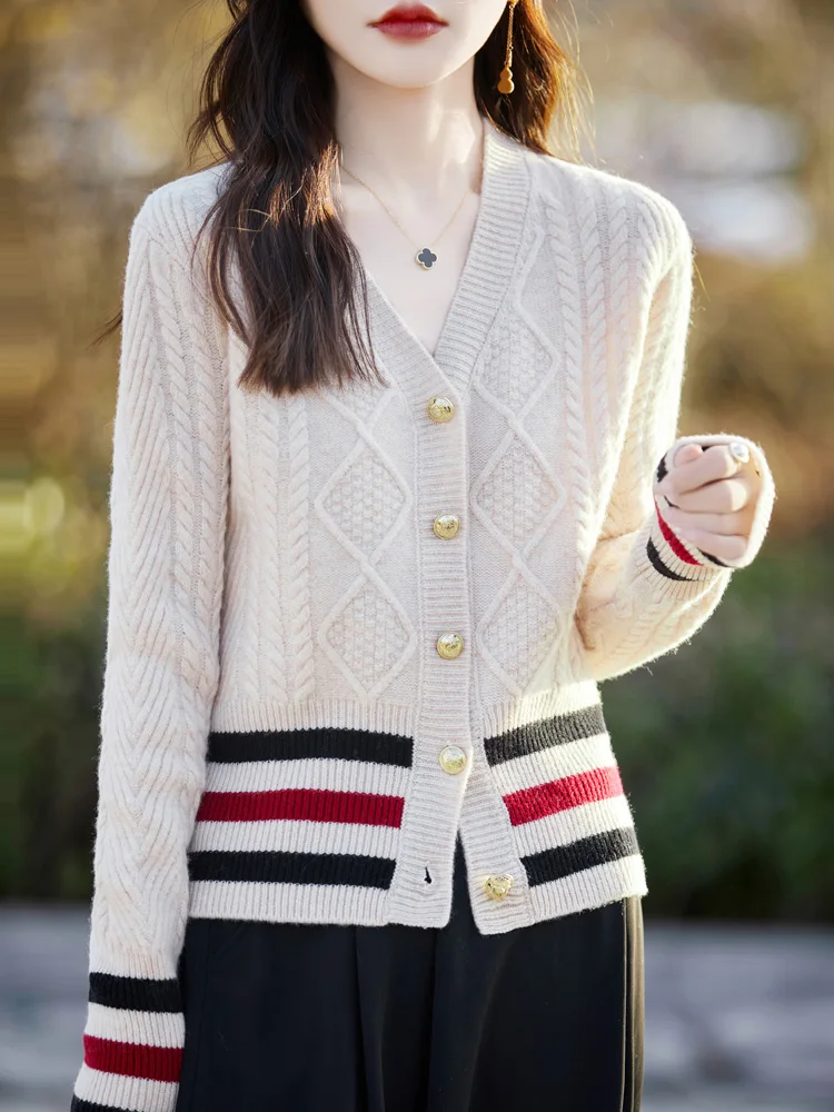 New Chic Twist Flower Women Sweater Long Sleeve V-neck Cardigan 100% Merino Wool Soft Warm Cashmere Knitwear Korean Fashion Tops