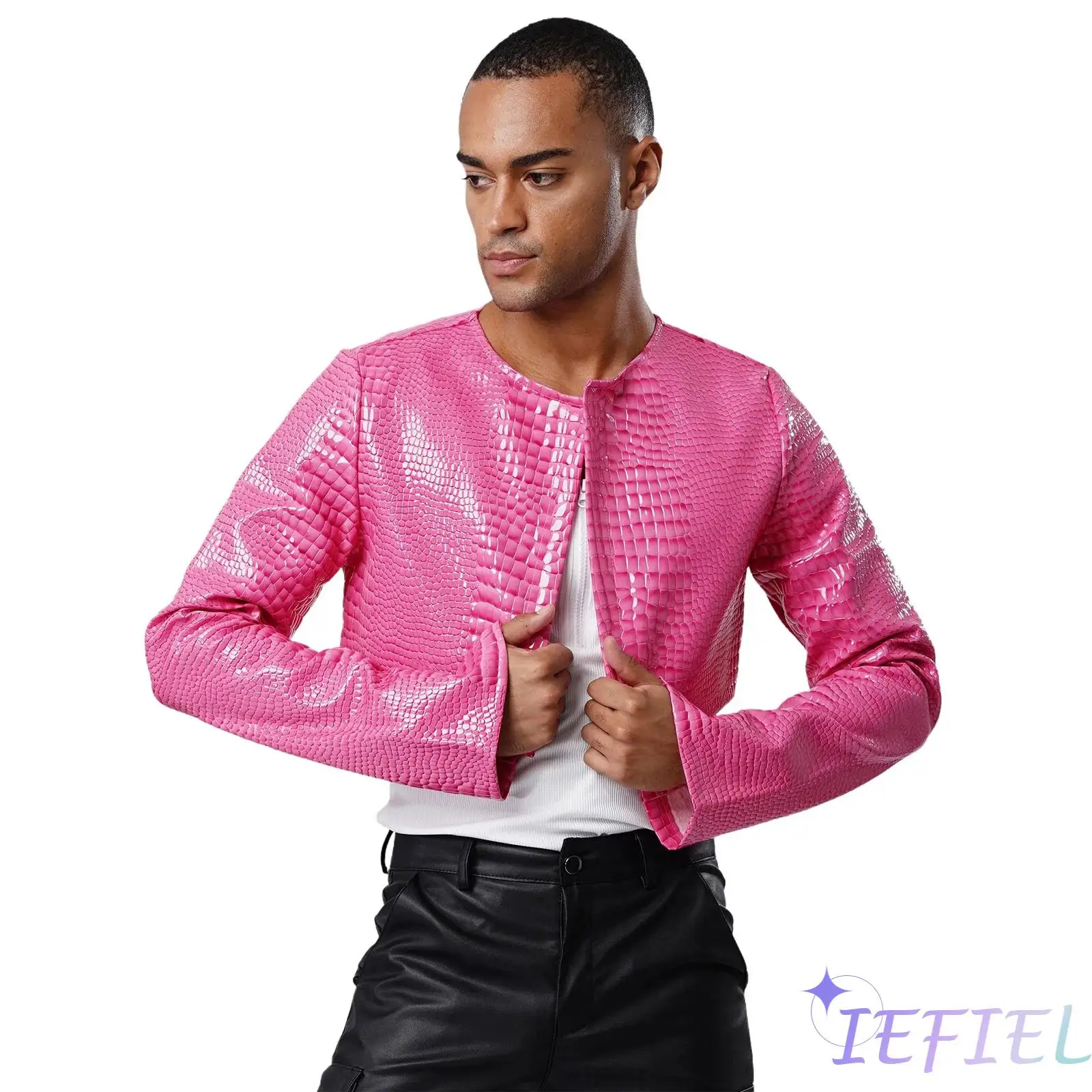 

New Modern Mens Stylish Jacket Long Sleeve Snakeskin Embossing Short Jacket Cropped Jacket Bolero Blazer for Daily Casual Wear