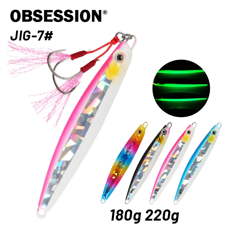 

OBSESSION 180g 220g Fast Jigging Lure Luminous Metal Jig Shore Jigging Sinking Fishing lure Vertical Casting Jigs Assist Hooks