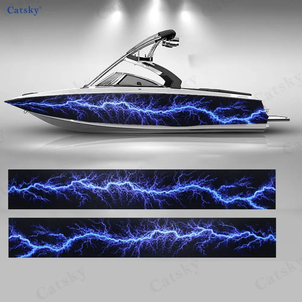 

2Pcs Thunderstorm Blue Lightning Boat Stickers, PVC Waterproof Vinyl Wrap Decals for Fishing Boats, Durable and Stylish Design