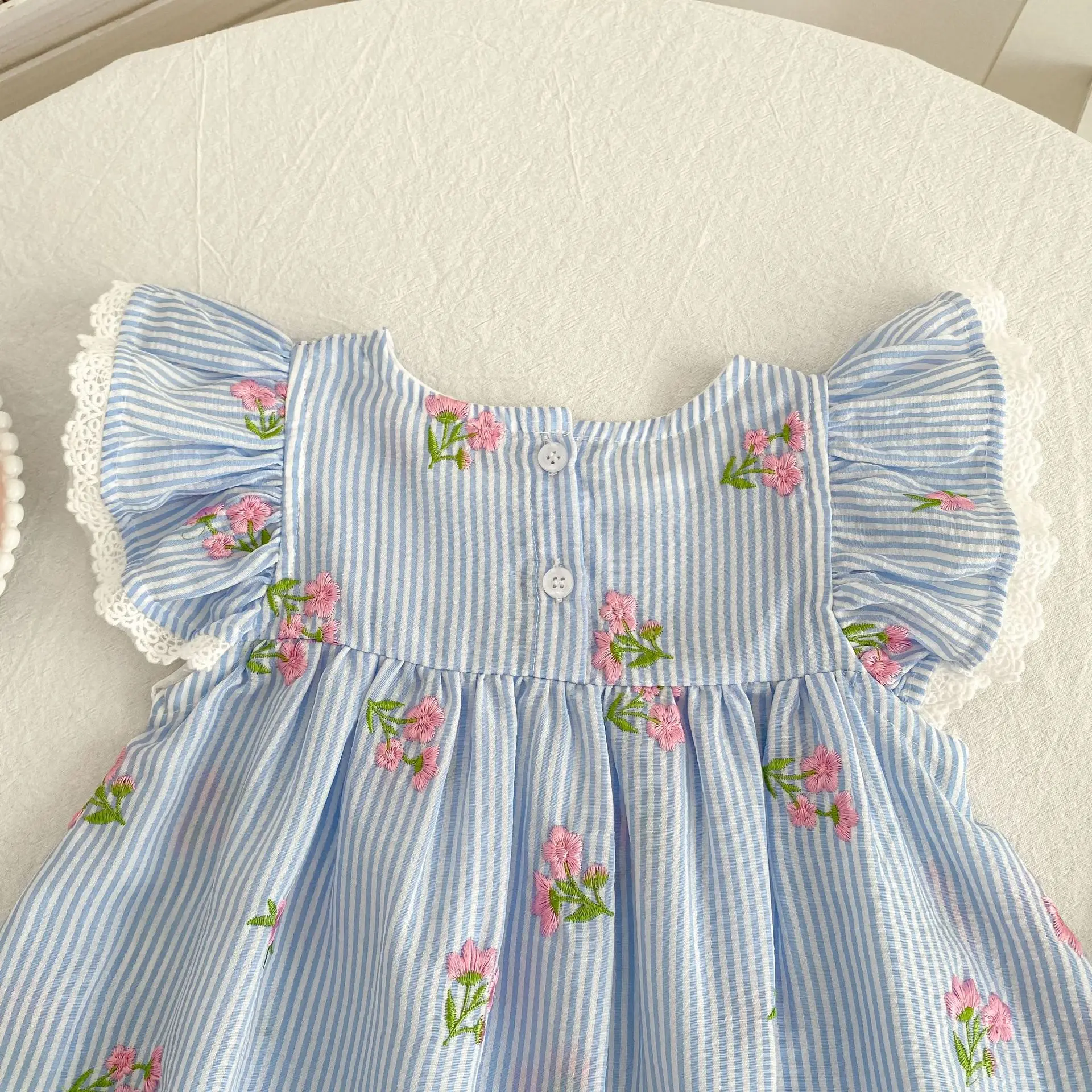 2026 New Summer 2-6Yrs Princess Round Neck Dress Striped Baby Girl Dress Flying Sleeve Cotton Embroidery Blue Sweet Dress