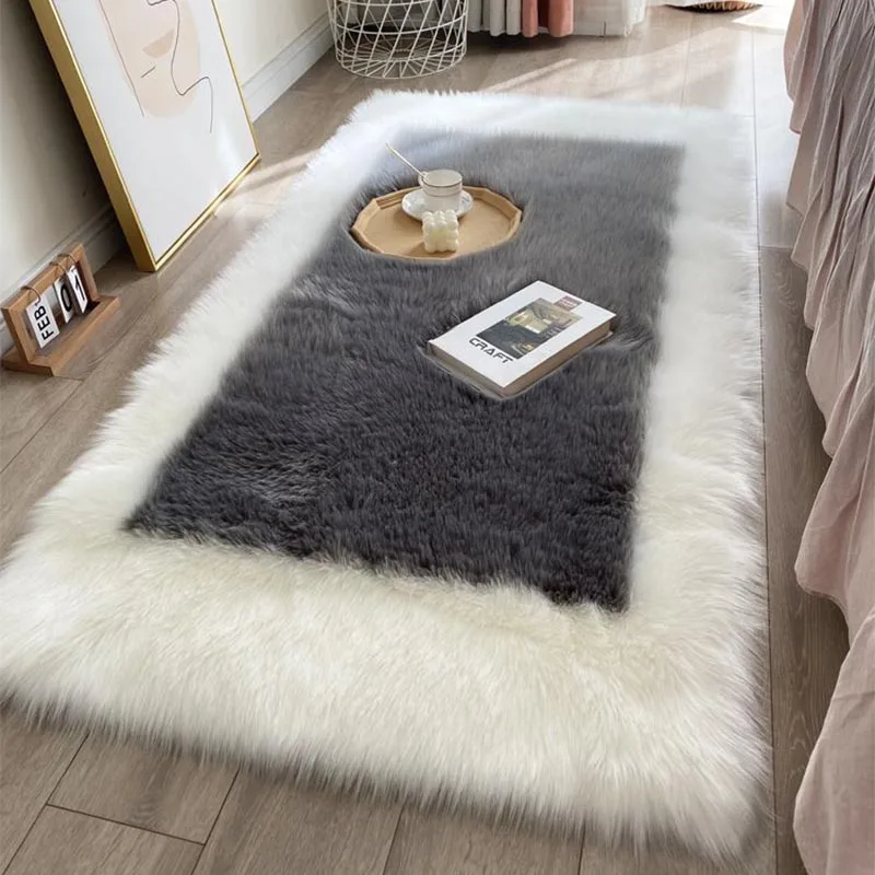 Upgrade Plush Fur Carpet Color Blocking Soft Fur Wool Rugs For Bedroom Long Hair Bedside Mat Sofa Cushion Rugs Bedside Floor Mat