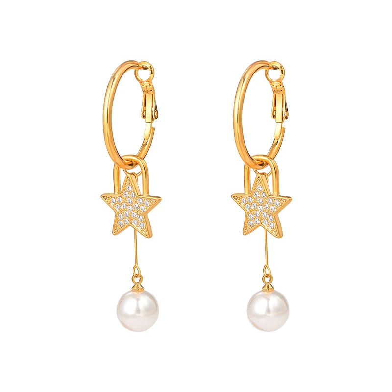 

Diamond-encrusted pearl pentagram long pendant earrings premium earrings