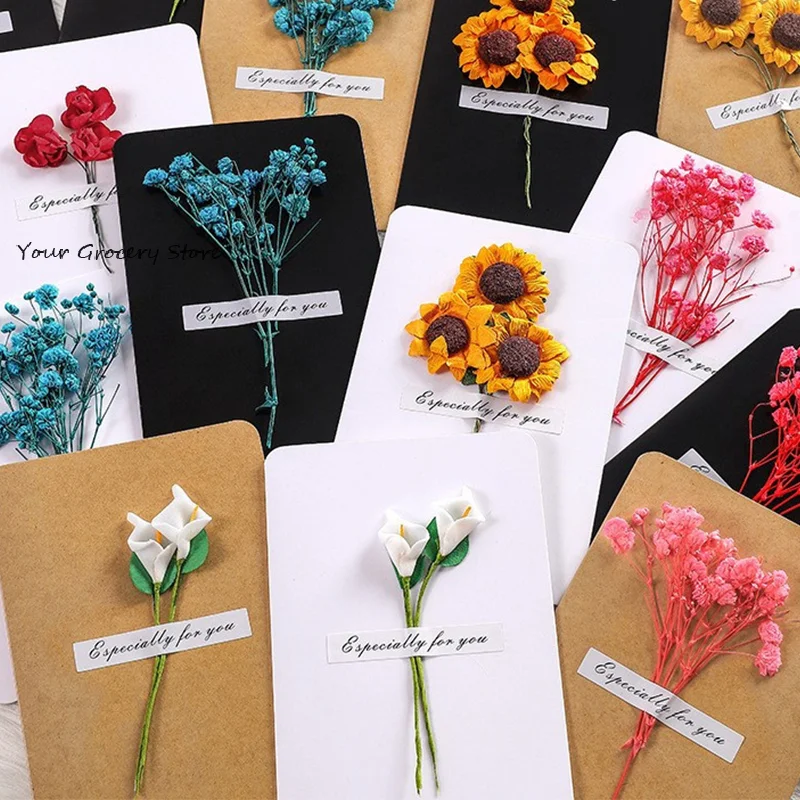 

5Pcs Creative Retro Dried Flower Message Card Graduation Blessing Thank You Card Thanksgiving Festival DIY Greeting Card