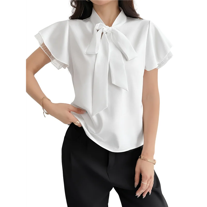 

AG-Women's Tie Neck Blouse Ruffle Cap Sleeve Elegant Work Office Shirt Tops