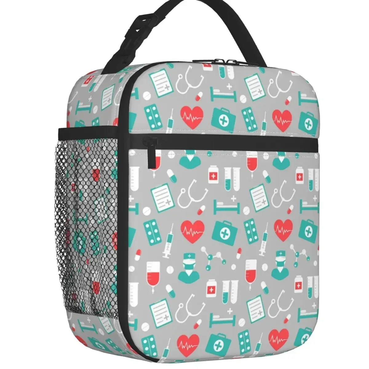 Nurse Medical Pattern Insulated Lunch Bag for Work School Health Care Nursing Portable Thermal Cooler Lunch Box Women Kids