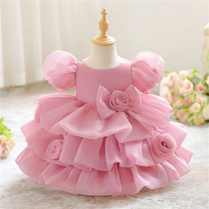 Toddler Girls Bubble Short Sleeve Gown Children Handmade Rose Flower Formal Dress Infant Baptism Wedding Birthday Party Outfit