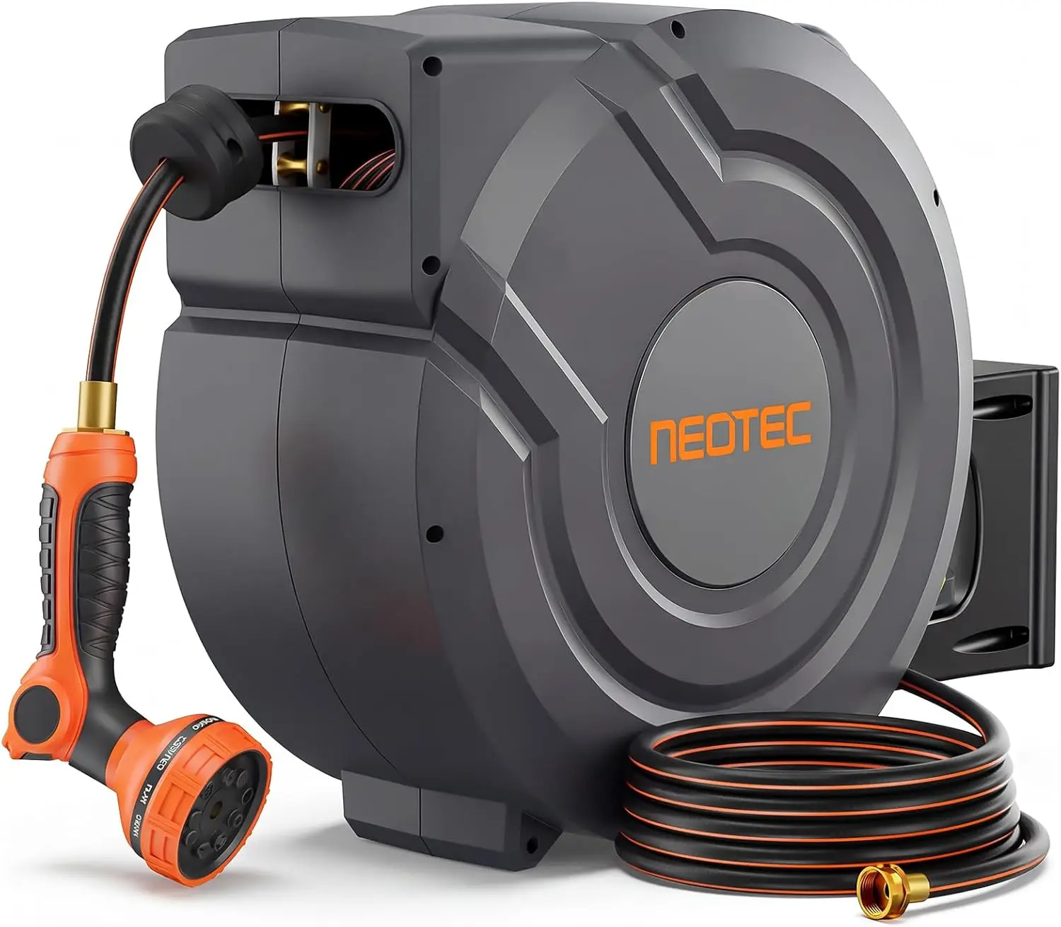 

Retractable Garden Hose Reel 90 ft Automatic Slow Return with 9 Nozzles Wall-Mounted Heavy Duty UV Resistant