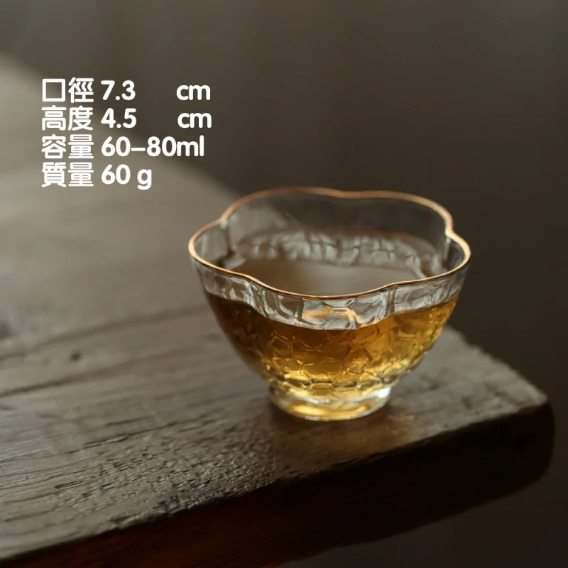★Jingdezhen Glass Scented Tea Cup Small Water Cup Tea Cup Kung Fu Tea Set Transparent Heat Resistant Gold Rim Hammered round Cup