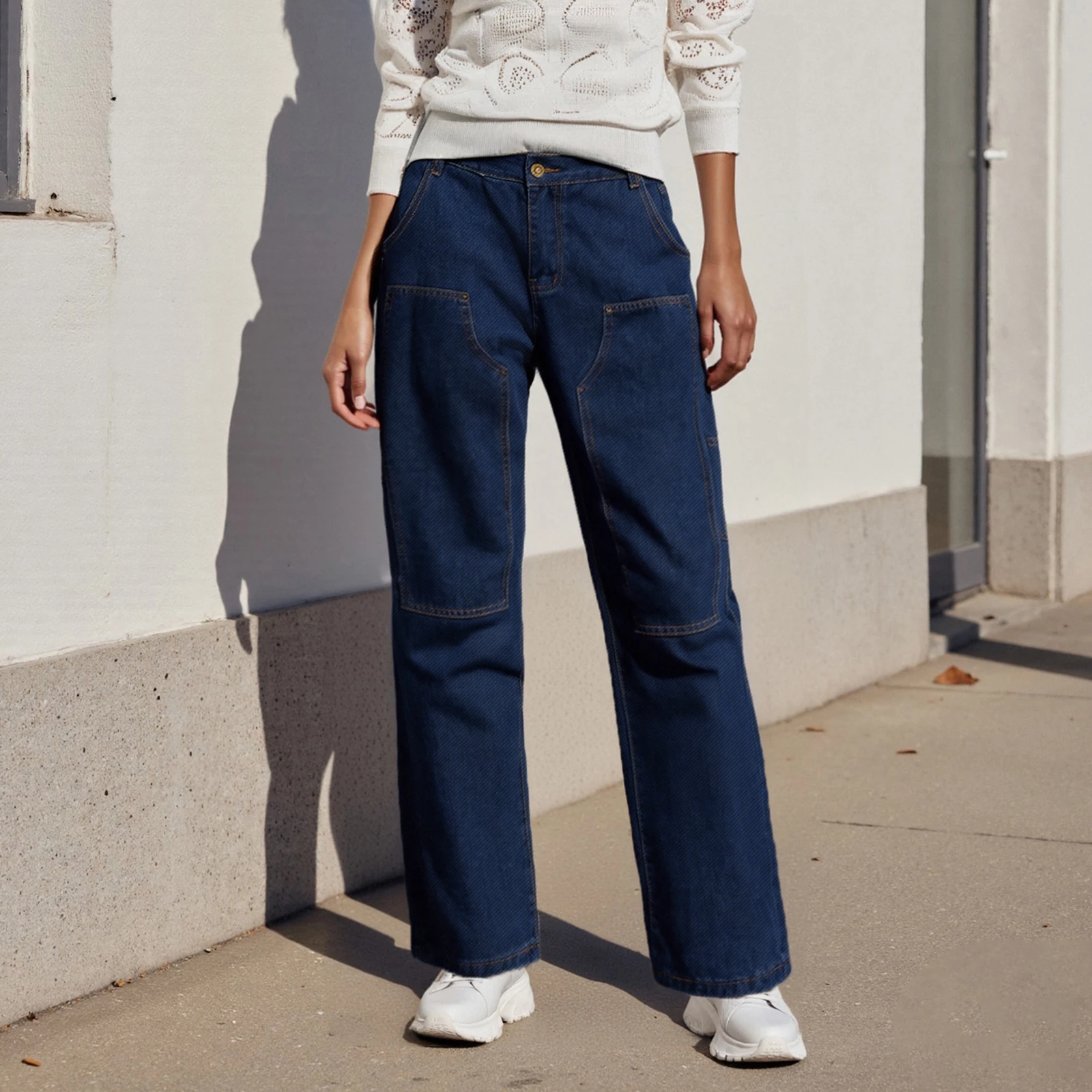 Women Autumn Patchwork Jeans Solid Color Straight Wide Leg Denim Pants Spring Casual Trousers with Pockets Streetwear 2025