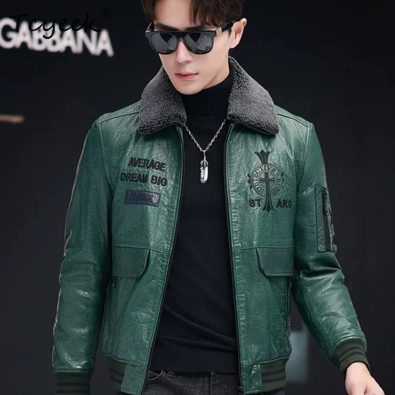 Tcyeek 100% Sheepskin Mens Coats Real Leather Jacket Men Winter Clothes White Duck Down Coat Lamb Wool Collar Detachable Trendy