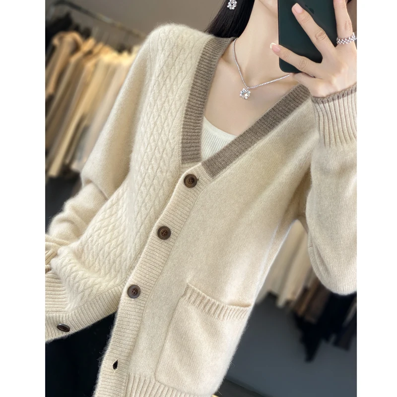 Two Tone Splicing Style 100% Merino Wool Female Style Knitted Cardigan Long Sleeve Autumn And Winter Clothes Fashion Sweater Top