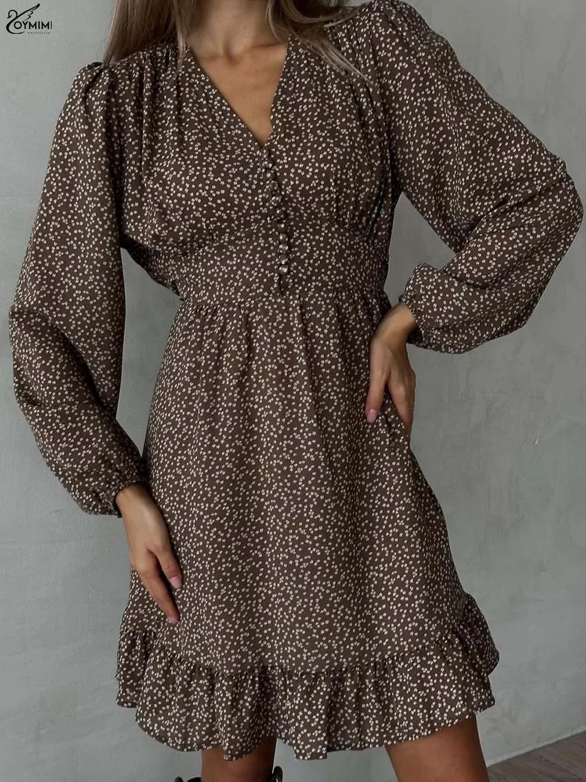 Oymimi Casual Brown Print Dresses 2025 Woman Fashion V-Neck Long Sleeve Button Dresses Autumn High Waisted Pleated Mini Dress