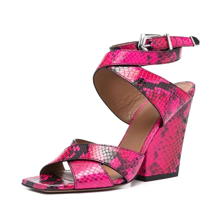 

Fuchsia & Black Square Toe Snakeskin Ankle Strap Heeled Sandals