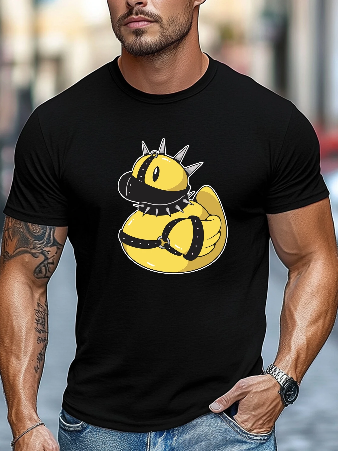 

Cool t-shirt For Mens Punk Style Yellow Duck Print Pattern Summer Short Sleeve Daily Tops