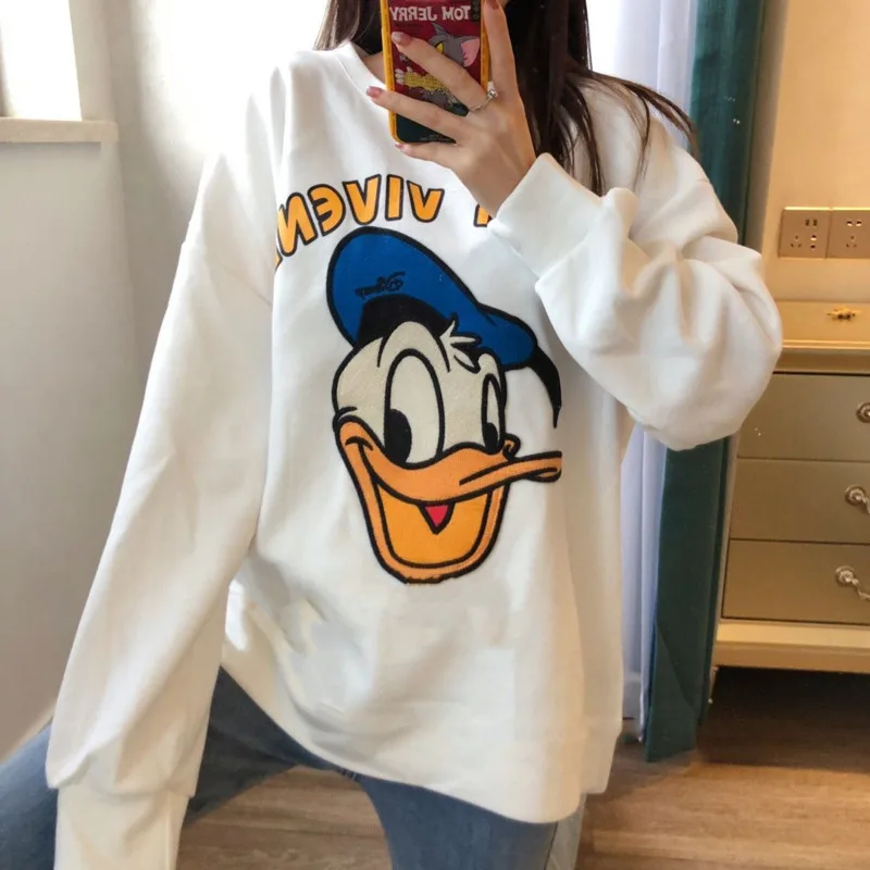 Disney Cartoon Donald Duck Printed Hoodie For Women Spring And Autumn New Korean Version Fashion Loose Versatile Round Neck Top