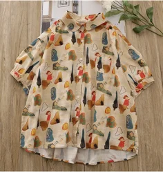 Mori Kei Clothing large size tops harajuku fashion cartoon print shirts short sleeve blouses for women vintage summer tops