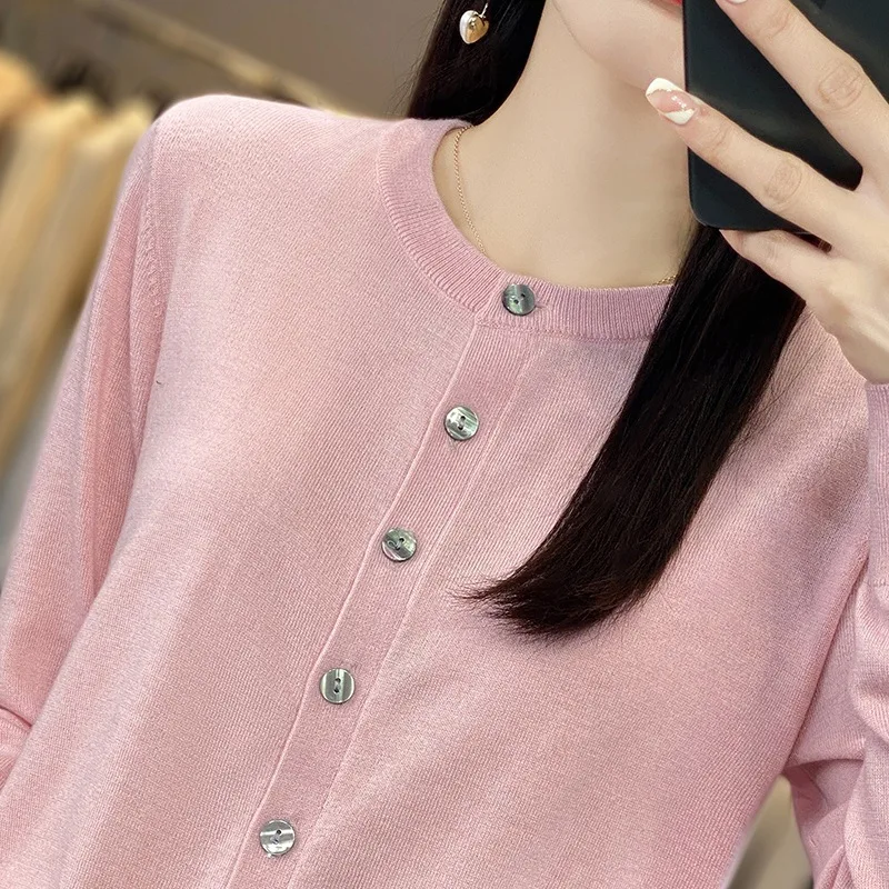 Spring and Summer Women's Worsted Wool Single-Breasted Low round Neck Cardigan Solid Color Minimalist Design Style Fashionable K