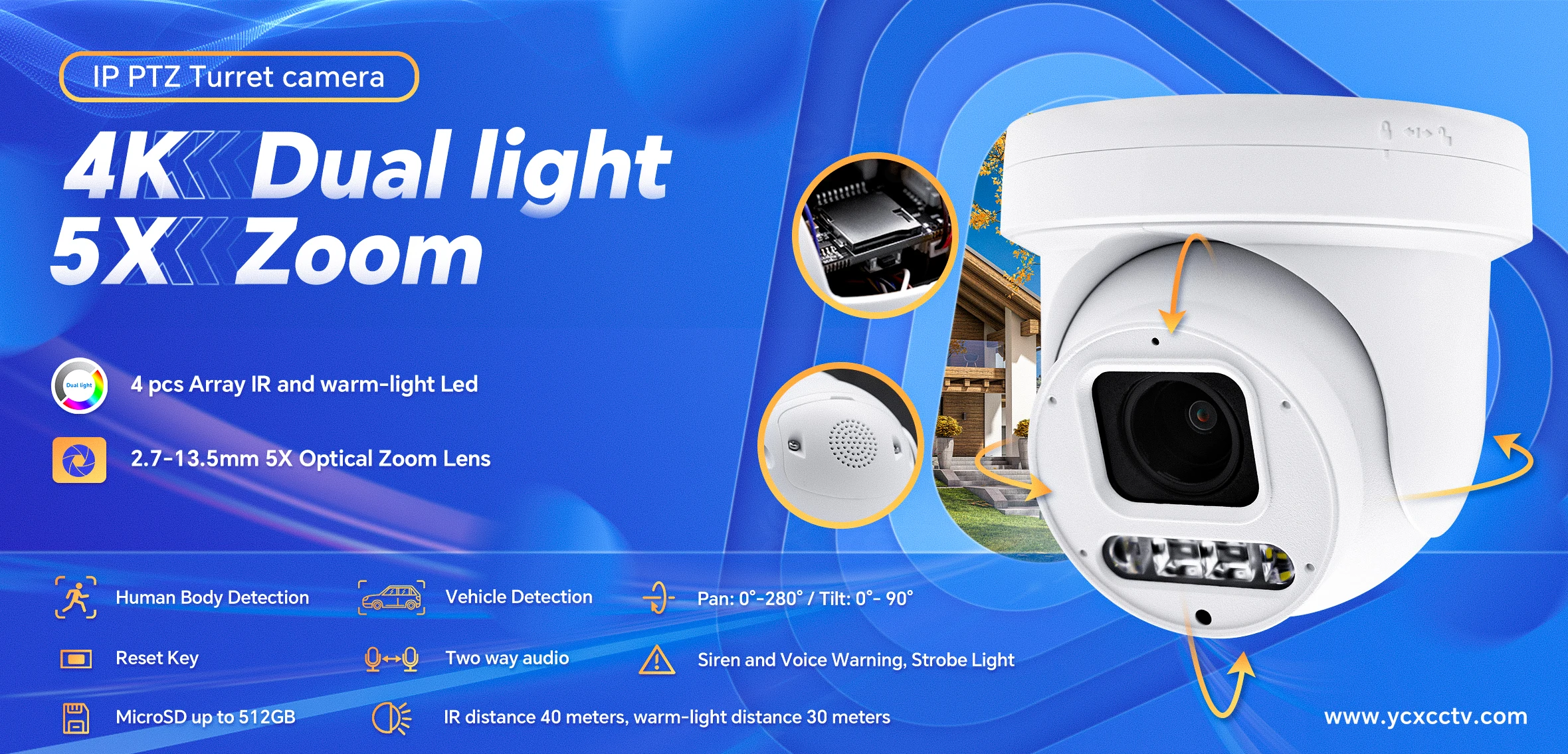 2023 YCX 양방향 오디오 듀얼 라이트 POE 네트워크, 5 배 줌 터렛 PTZ IP 카메라, HIK NVR 시스템과 호환 가능, 4K 8MP