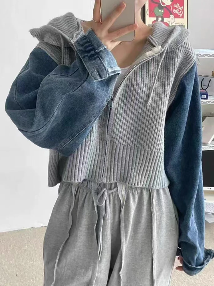 

Retro Color Blo Knitted Denim Long Sve Hoodie Women's Sweater Jaet Chic Autumn New Sle Commute Sle Loose Fit Zipper