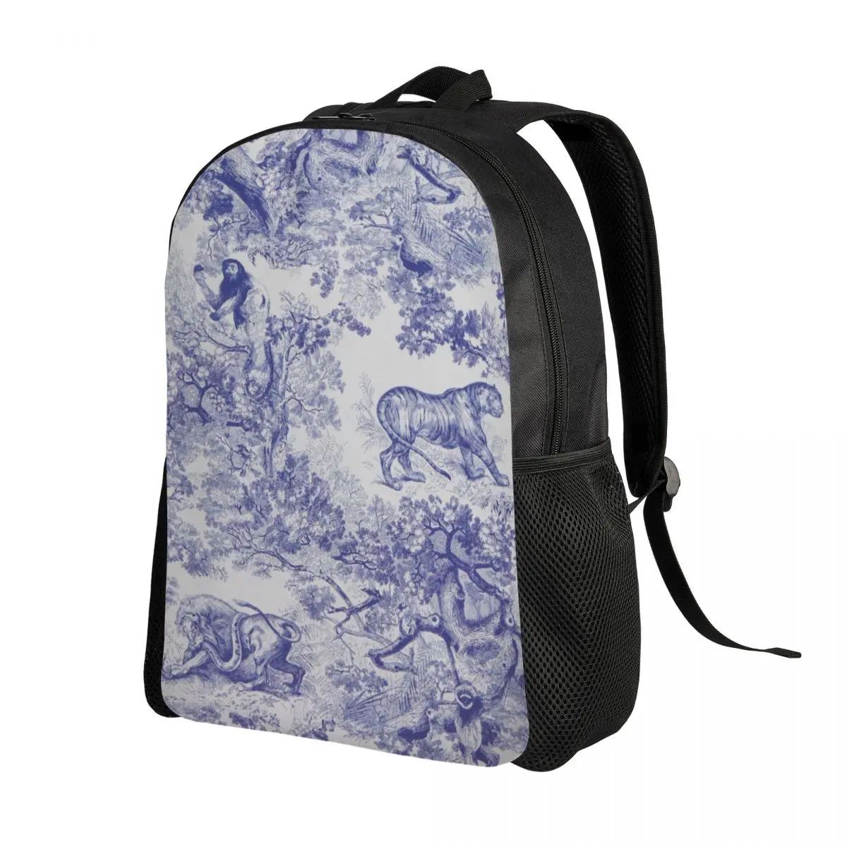 Customized French Toile De Jouy Navy Blue Motif Backpacks Resistant School College Animal Forest Floral Art Bag Print Bookbags