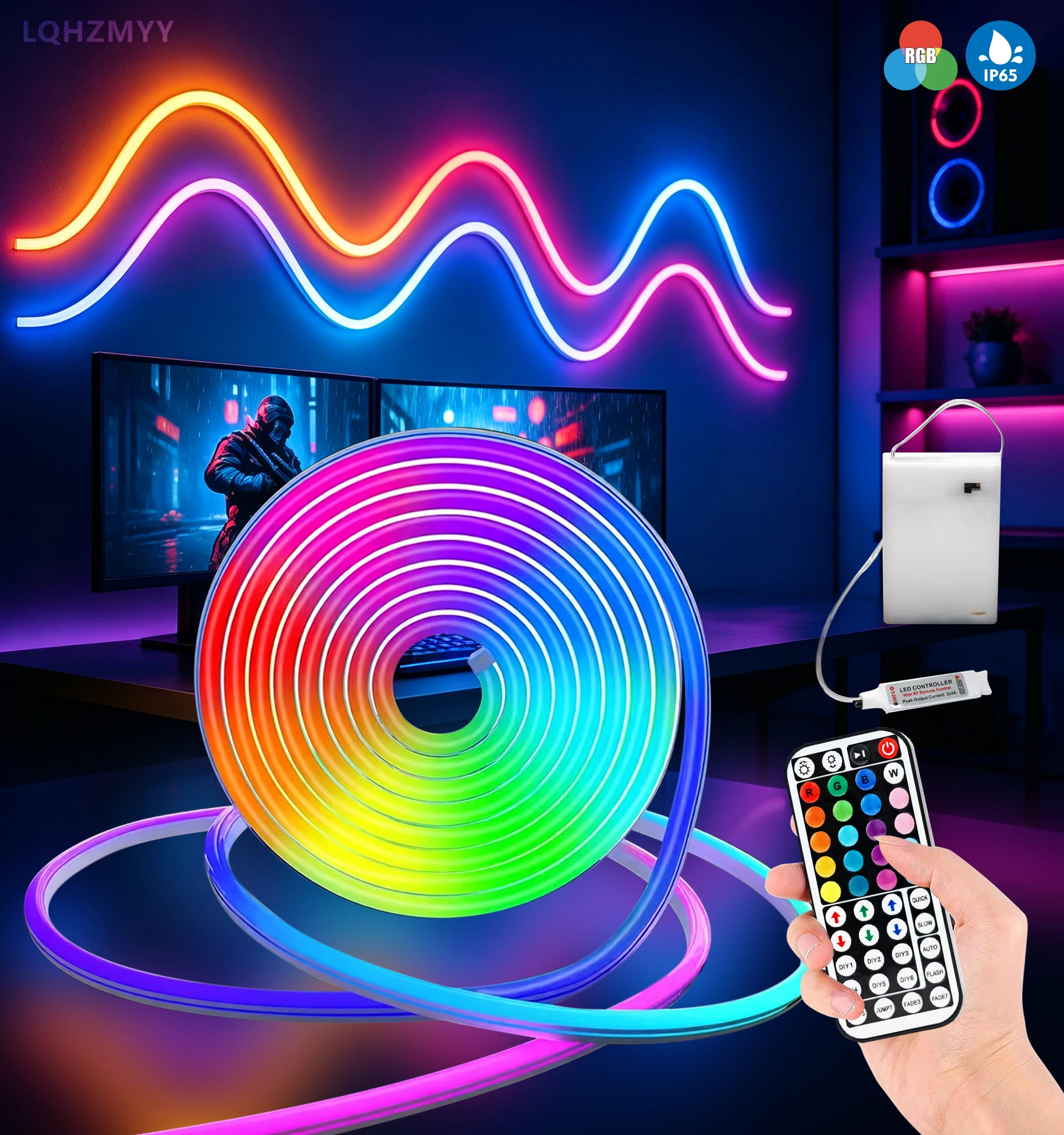 1 Roll of Rgb Neon Lights with Battery Box (Batteries Not Included), Led Light Strip, with a Multi-Functional 44-Key Remote Control That Can Control Various Light Colors, Brightness, and Modes, Suitable for Tv and Comp