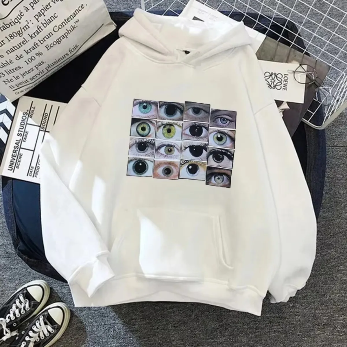 Harajuku Women Hoodies Funny Eyes Print Tops Aesthetic Hoodie Vintage Streetwear Autumn Pullovers Sweatshirts Tops Unisex
