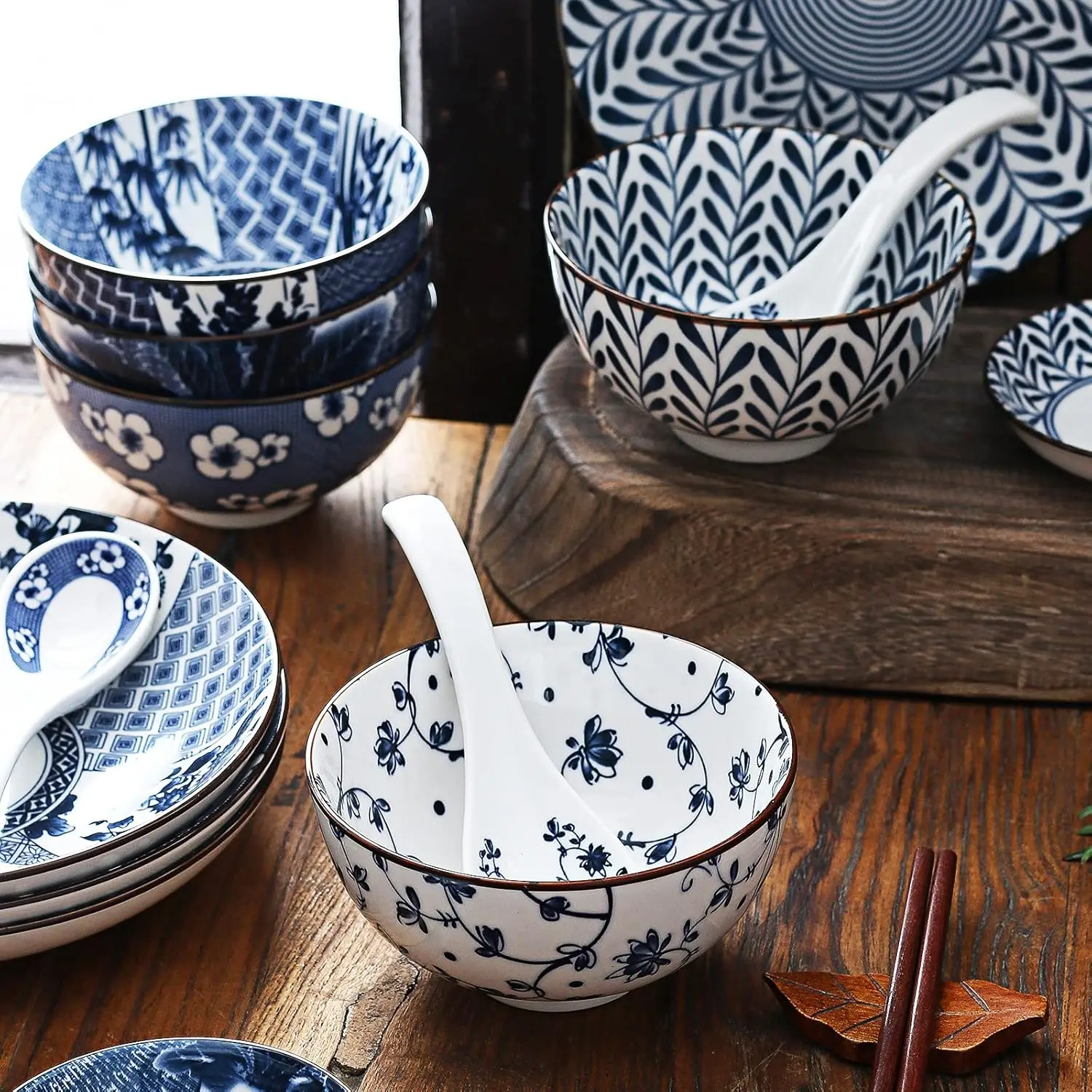 طقم أواني طعام بورسلين باللونين الأزرق والأبيض، أطباق، وعاء، ملعقة، عيدان تناول الطعام، خدمة لـ 1، طقم سيراميك مزجج ملون، صندوق هدايا P