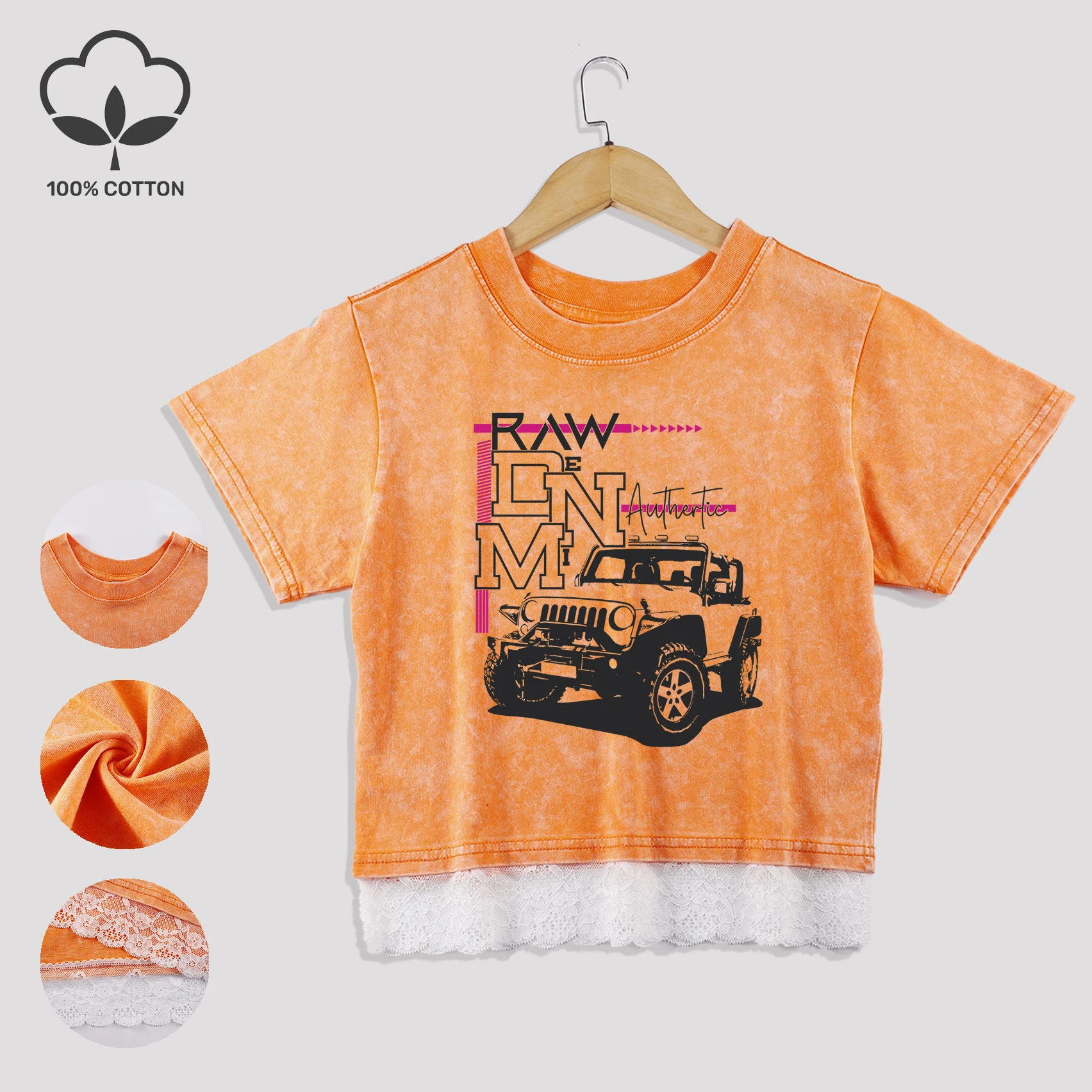 

Creative Denmi Authertic Car Print Crop Washed T-Shirt Female New Y2K Lace Splicing Clothes Soft Cotton Tee Casual O-Neck Top