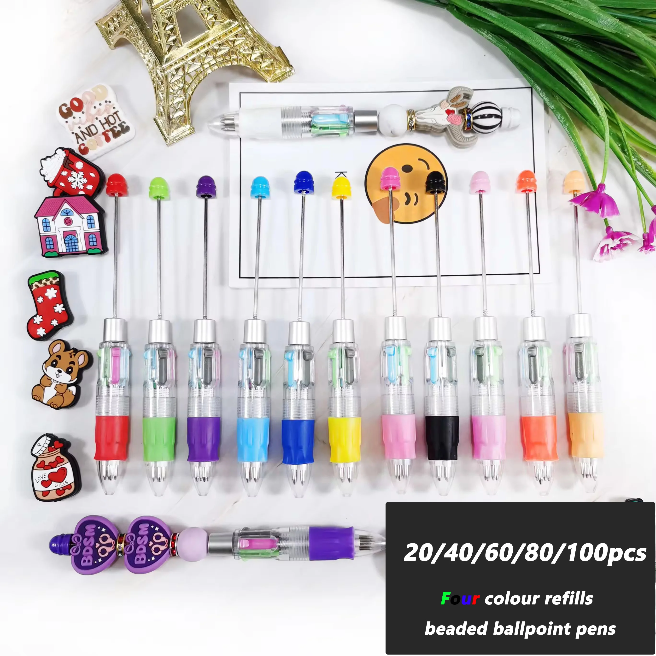 20/40/60/80/100pcs Four-Color Beaded Ballpoint Pen Cute Beadable Pens Cartoon Retractable Rollerball Pen Student School Gift