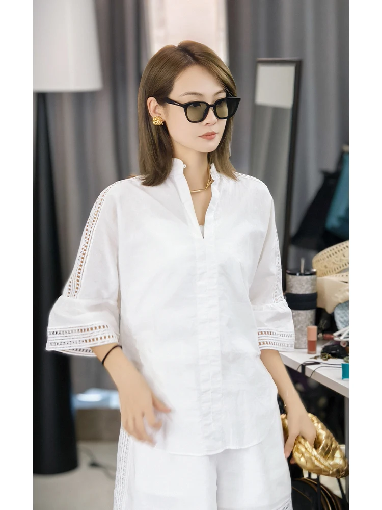 

Женская повседневная блузка Meiyang Danon из хлопка и льна с кружевными вставками, свободного кроя, на пуговицах, с рукавом 3/4