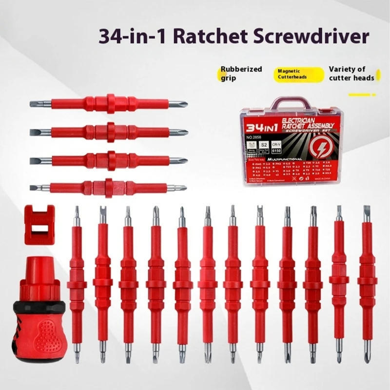 

34pc Professional Screwdriver Featuring Double Head Bits Triples Ratchet Mechanism Antislip Handle Tool
