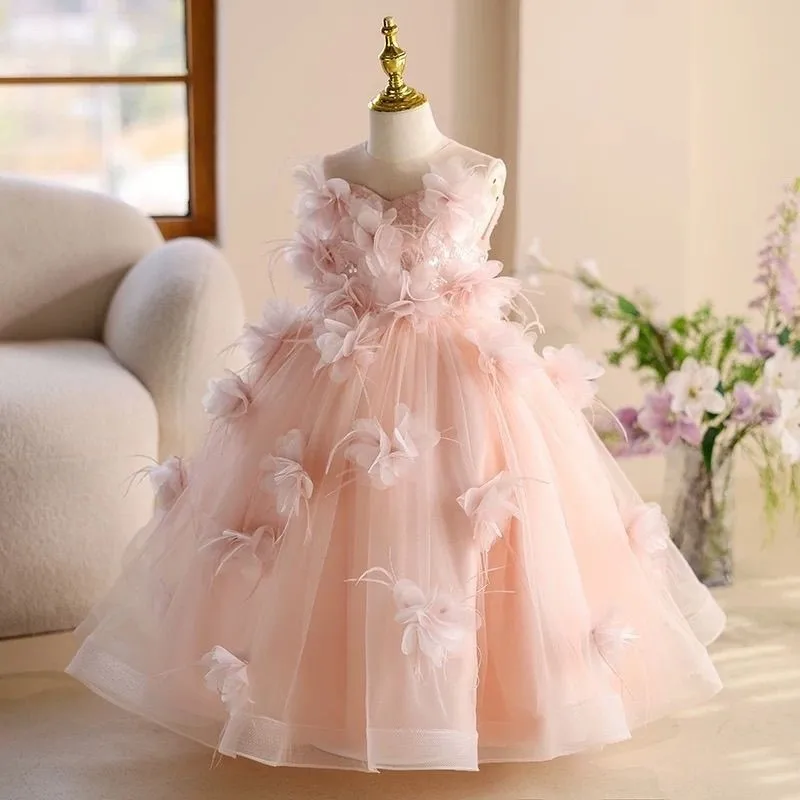 

Girl's Sleeveless Evening Dress Princess Dress Children's Light Luxury Pink Birthday Dress Kids' Piano Performance Dress LJ678