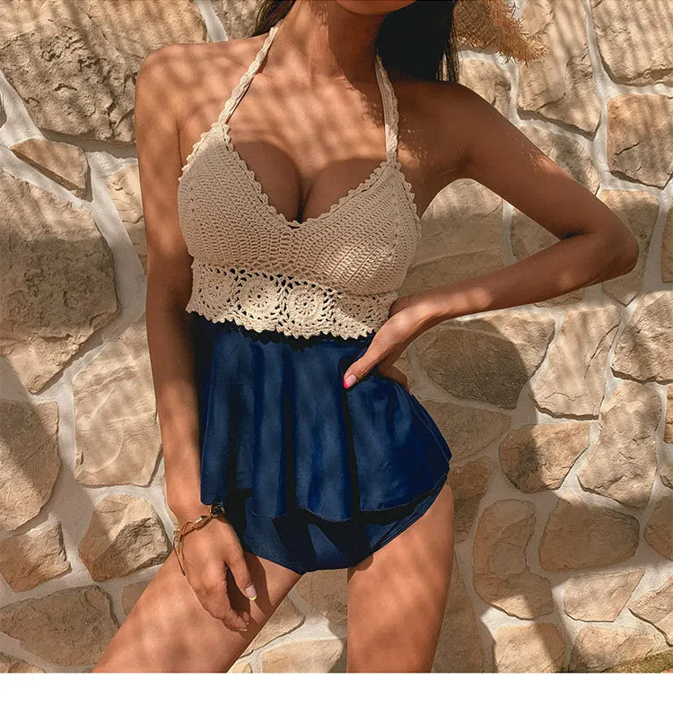 Women knitted Tankinis High Waist Bikini Set Handmade Crochet Bikinis Bathing Suit Beachwear For Asian