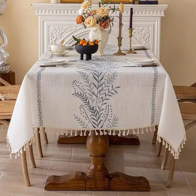 مفرش طاولة مطرز بنمط الأزهار من القطن والكتان غطاء طاولة مستطيل مقاوم للغبار لتناول الطعام وطاولة الشاي وديكور الطاولة
