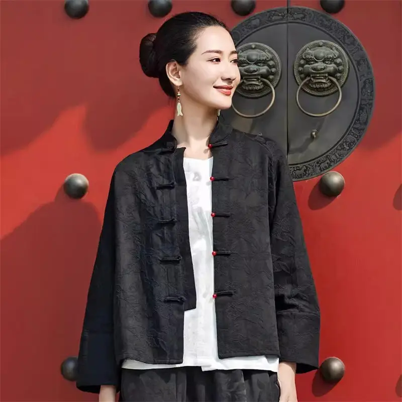 

New Chinese Tang Style Jacket Women's Retro Jacquard Stand Collar Short Loose Small Outer Spring 2024 China-Chic Clothes K873