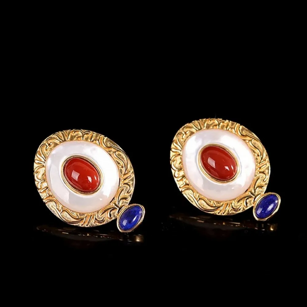 BOCAI NEW S925 Silver Fashionable And Luxurious Gold-plated Inlaid Egg Face In Southern Red Shell Earring