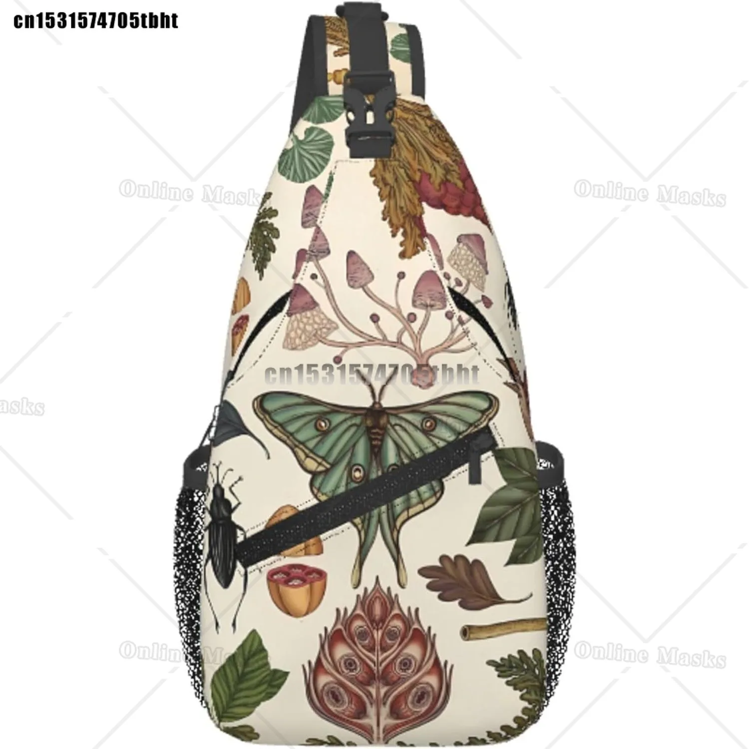 Botanical Mushroom Butterfly Sling Backpack Chest Bag Daypack Fanny Pack Cross Body Bag for Outdoors Hiking Traveling
