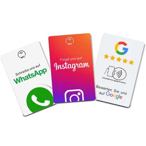 Soporte adhesivo de placa de tarjetas impresas NFC de escritura alemana para reseñas de Google Instagram WhatsApp Tap NFC