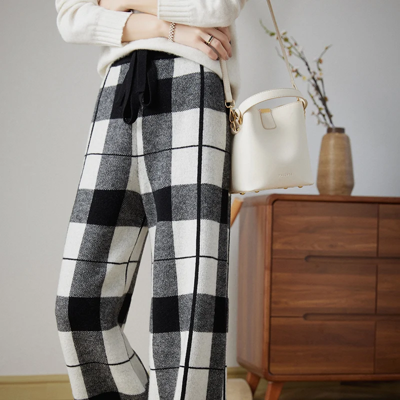 

autumn and winter new women's 100% Merino wool knitted pants elastic waist plaid loose fashion wide-leg pants