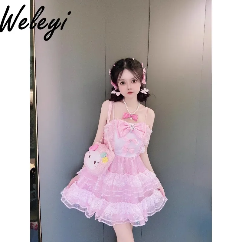 Lolita Kawaii Sling Dress Women\'s Fashion Summer Clothing New Cute Sweet Shiny Pink Bow Rojita A Line Elegant Princess Dresses