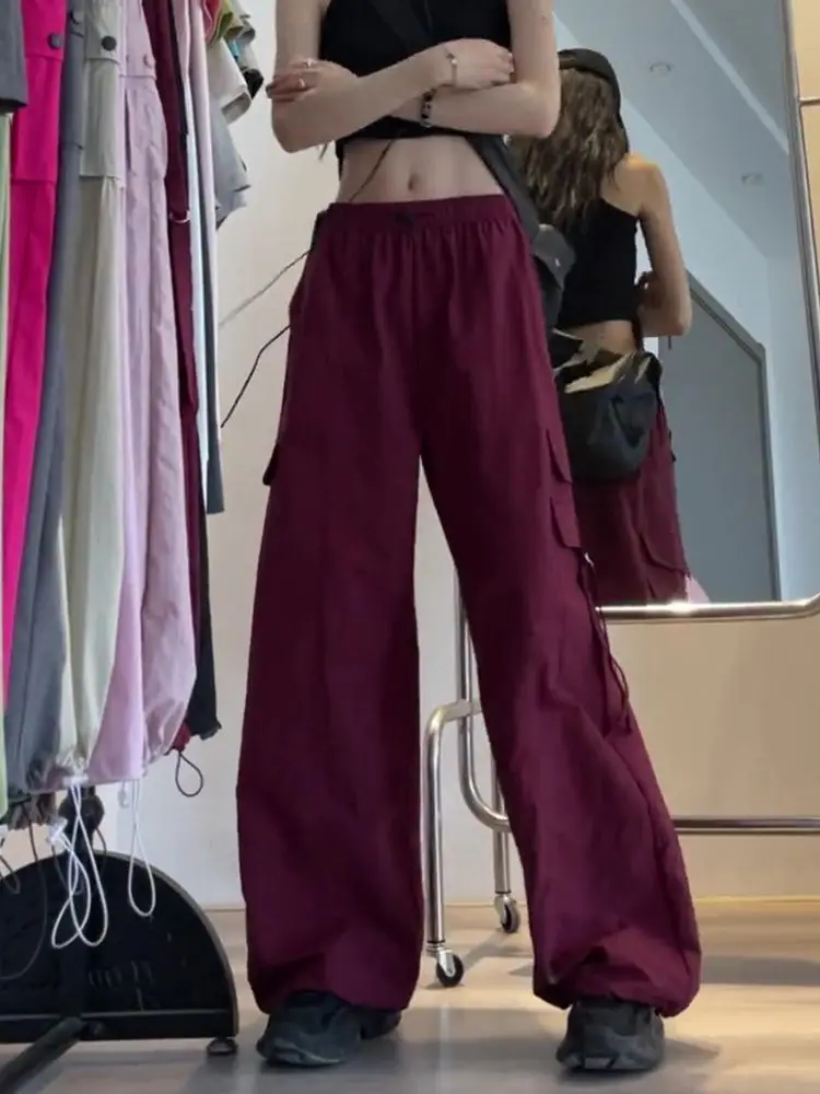 Plones deportivos de trabajo rojos de cintura alta y pierna ancha para mujer, de secado rápido, estilo coreano, para ir a...