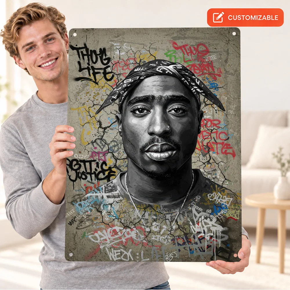 Tupac Shakur Portrait Aluminum Poster Customized Metal Sign Graffiti Illustration Wall Art For Listening Room Music Lover Gift