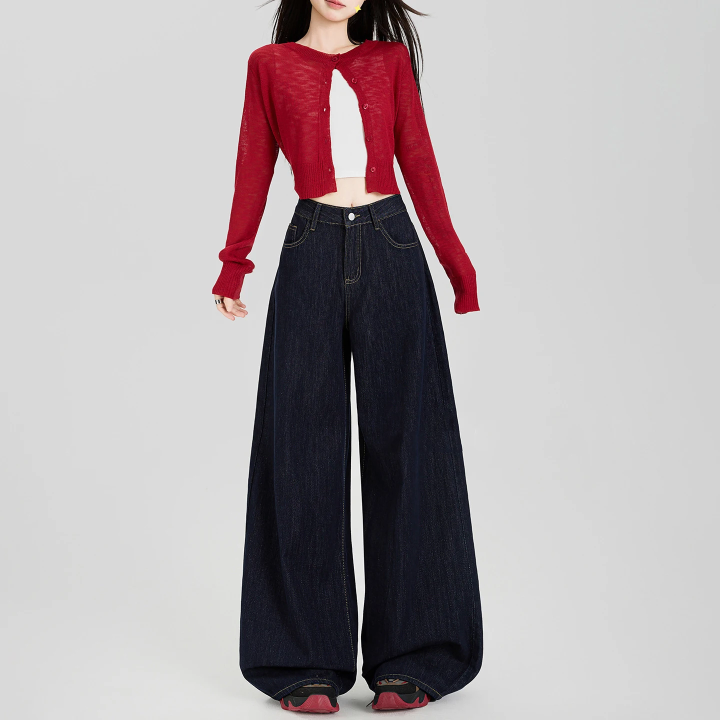 

Dark Blue Vintage High Waist Women Wide Leg Jeans 2025 New Summer High End Casual Straight Baggy Denim Trousers