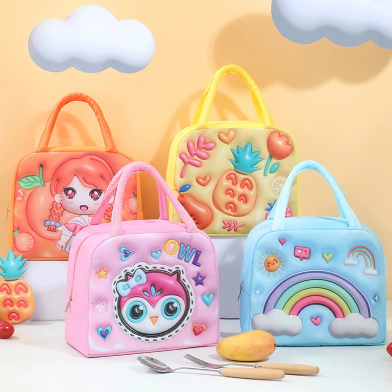 1 قطع ثلاثية الأبعاد الكرتون الأطفال الغداء حقيبة العزل الحراري الألومنيوم احباط مقاوم للماء أكسفورد القماش بينتو حقيبة أدوات المائدة في الهواء الطلق